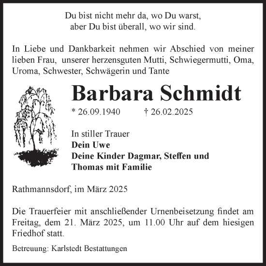 Traueranzeige von Barbara Schmidt von Volksstimme Staßfurt