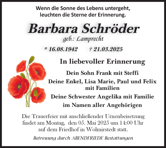 Traueranzeige von Barbara Schröder von Volksstimme Haldensleben/Wolmirstedt