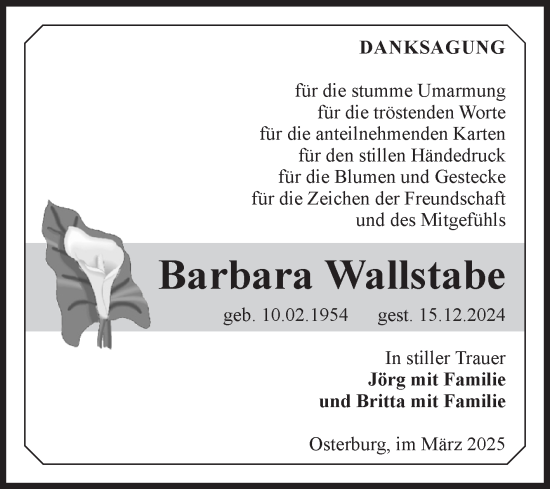 Traueranzeige von Barbara Wallstabe von Volksstimme Altmark Ost