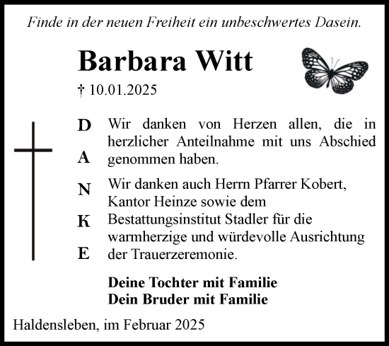 Traueranzeige von Barbara Witt von Volksstimme Haldensleben/Wolmirstedt