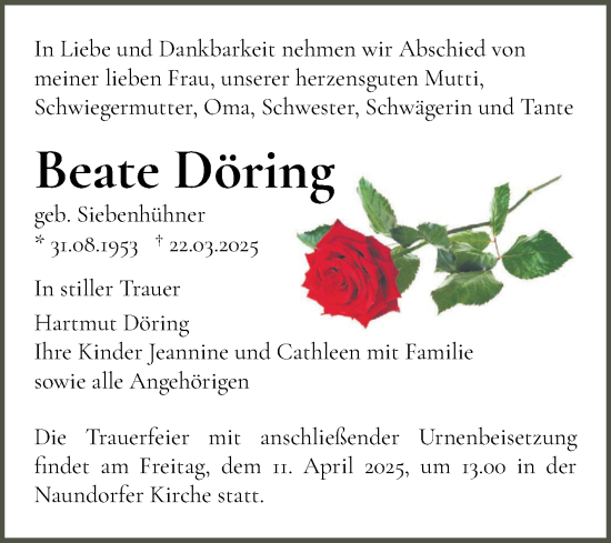 Traueranzeige von Beate Döring von Mitteldeutsche Zeitung Halle/Saalkreis