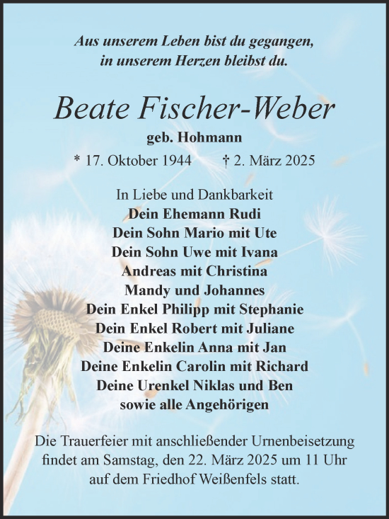 Traueranzeige von Beate Fischer-Weber von Trauerkombi Weißenfels