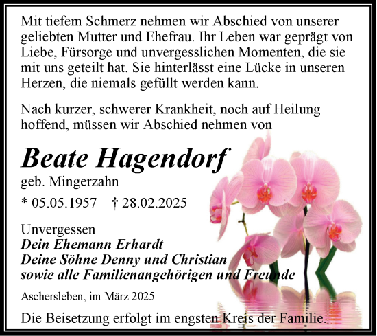Traueranzeige von Beate Hagendorf von Trauerkombi Aschersleben
