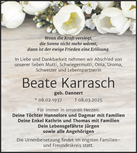 Traueranzeige von Beate Karrasch von Trauerkombi Merseburg