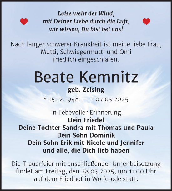 Traueranzeige von Beate Kemnitz von Trauerkombi Mansfelder Land