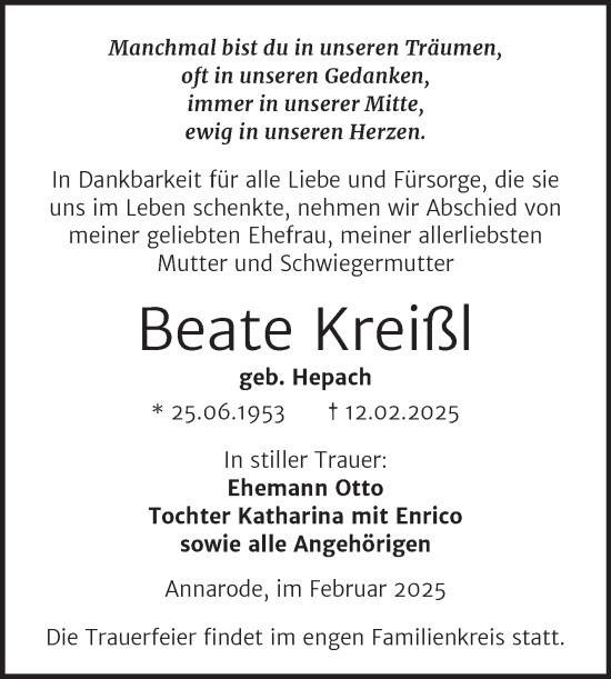 Traueranzeige von Beate Kreißl von Trauerkombi Mansfelder Land