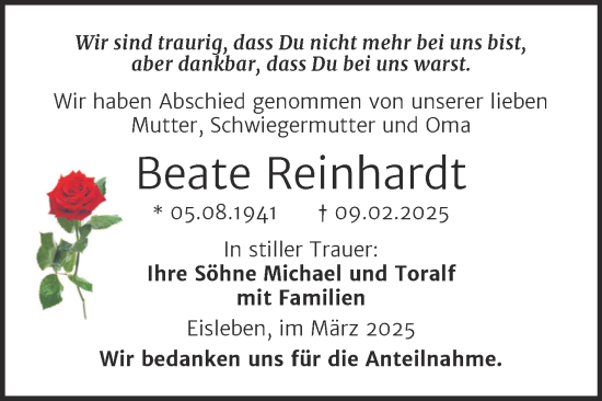Traueranzeige von Beate Reinhardt von Trauerkombi Mansfelder Land