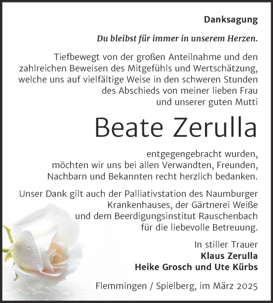 Traueranzeige von Beate Zerulla von Super Sonntag Naumburg/Nebra