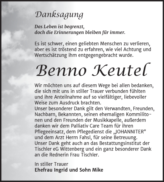 Traueranzeige von Benno Keutel von Trauerkombi Wittenberg