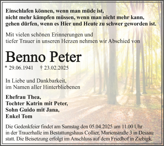 Traueranzeige von Benno Peter von Trauerkombi Dessau