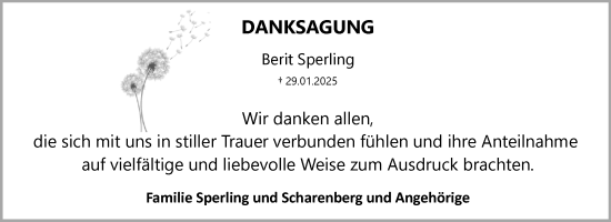 Traueranzeige von Berit Sperling von Volksstimme Haldensleben/Wolmirstedt