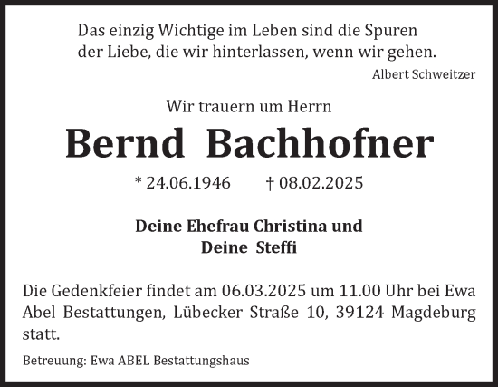 Traueranzeige von Bernd Bachhofner von Volksstimme Magdeburg