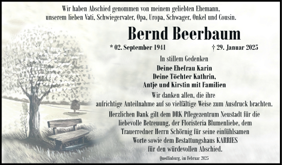 Traueranzeige von Bernd Beerbaum von Trauerkombi Quedlinburg