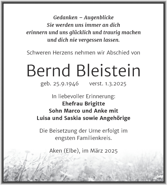 Traueranzeige von Bernd Bleistein von Trauerkombi Köthen