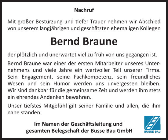 Traueranzeige von Bernd Braune von Volksstimme Magdeburg
