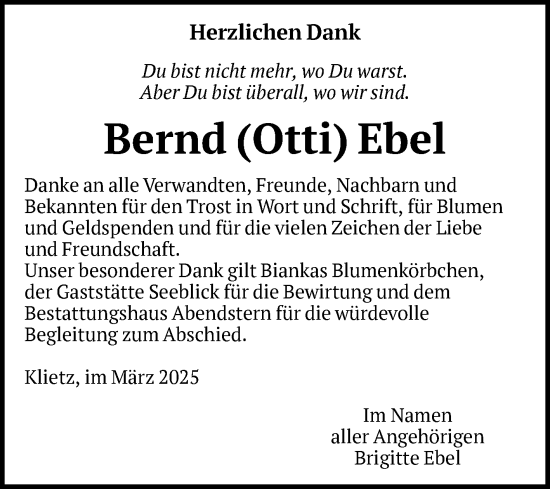 Traueranzeige von Bernd Ebel von Volksstimme Altmark Ost