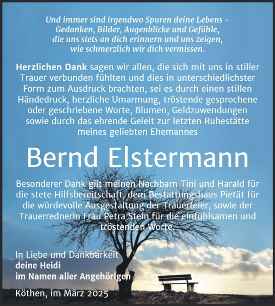 Traueranzeige von Bernd Elstermann von Trauerkombi Köthen