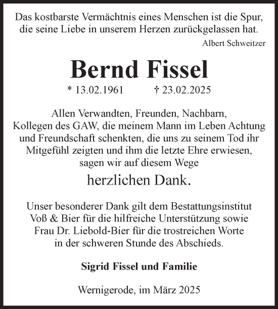 Traueranzeige von Bernd Fissel von Volksstimme Wernigerode