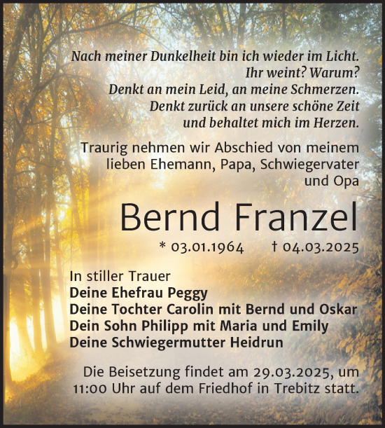 Traueranzeige von Bernd Franzel von Trauerkombi Wittenberg