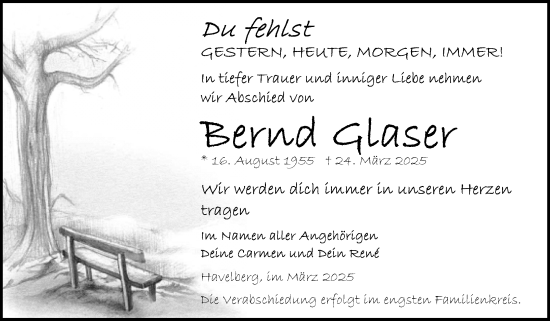 Traueranzeige von Bernd Glaser von Volksstimme Altmark Ost