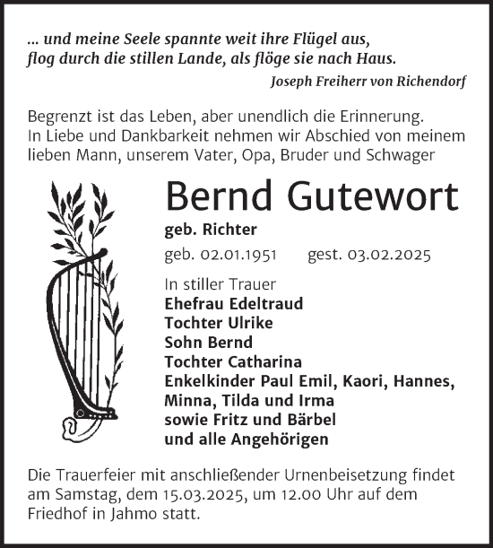 Traueranzeige von Bernd Gutewort von Trauerkombi Wittenberg
