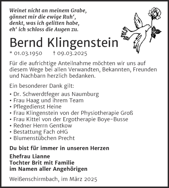 Traueranzeige von Bernd Klingenstein von Trauerkombi Merseburg