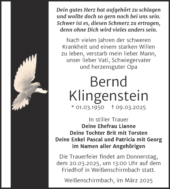 Traueranzeige von Bernd Klingenstein von Trauerkombi Merseburg