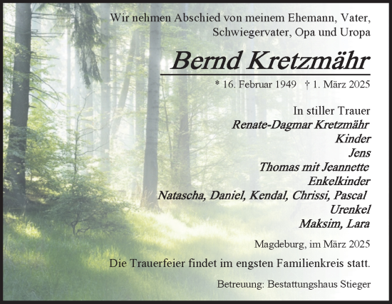 Traueranzeige von Bernd Kretzmähr von Volksstimme Magdeburg