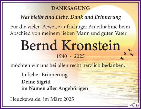 Traueranzeige von Bernd Kronstein von Trauerkombi Zeitz