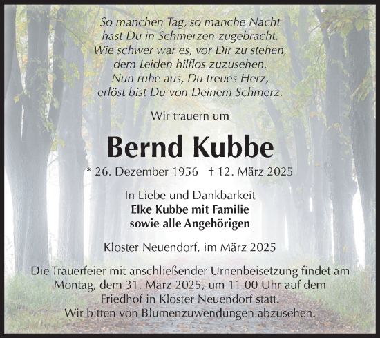 Traueranzeige von Bernd Kubbe von Volksstimme Altmark West