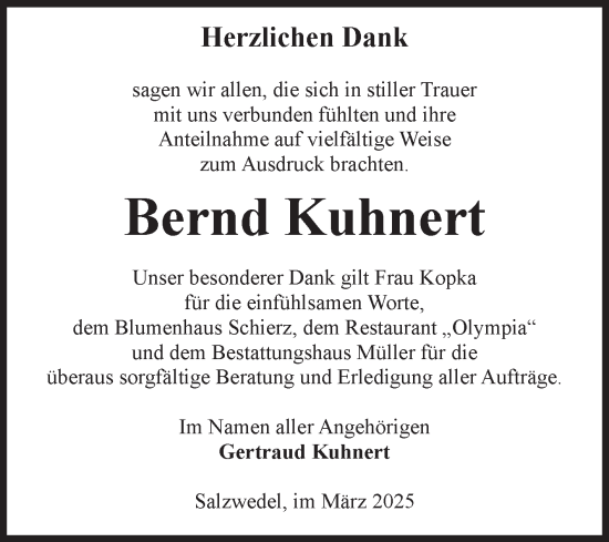Traueranzeige von Bernd Kuhnert von Volksstimme Altmark West