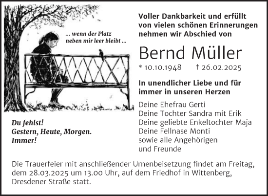 Traueranzeige von Bernd Müller von Trauerkombi Wittenberg