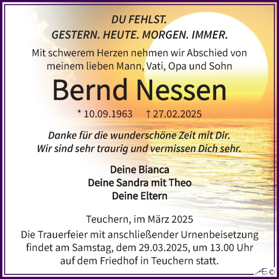 Traueranzeige von Bernd Nessen von Trauerkombi Weißenfels