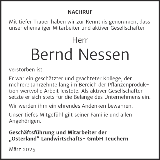 Traueranzeige von Bernd Nessen von Super Sonntag Weißenfels