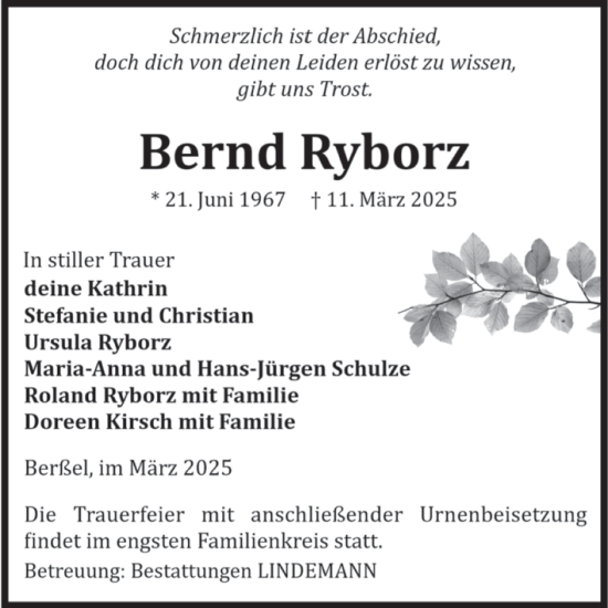 Traueranzeige von Bernd Ryborz von Volksstimme Halberstadt