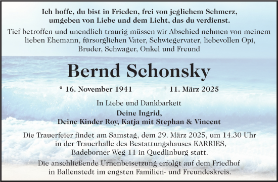 Traueranzeige von Bernd Schonsky von Trauerkombi Quedlinburg