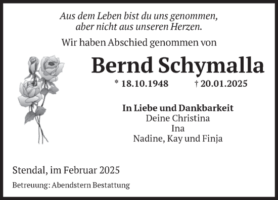 Traueranzeige von Bernd Schymalla von Volksstimme Altmark Ost