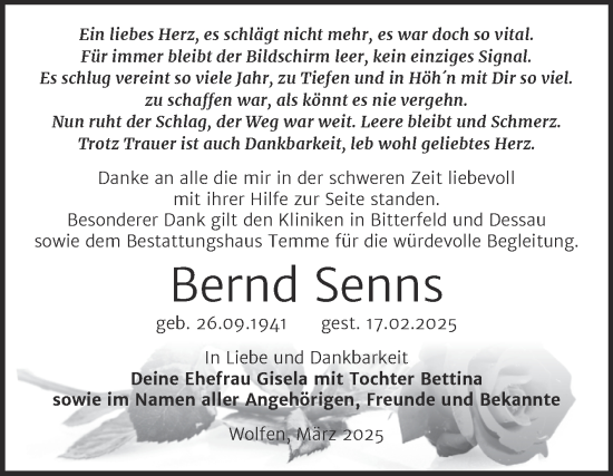 Traueranzeige von Bernd Senns von Trauerkombi Bitterfeld