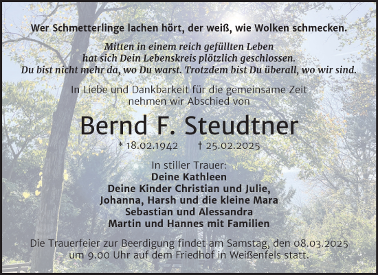 Traueranzeige von Bernd  Steudtner von Mitteldeutsche Zeitung Weißenfels