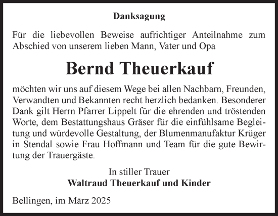 Traueranzeige von Bernd Theuerkauf von Volksstimme Altmark Ost