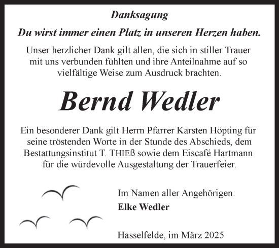 Traueranzeige von Bernd Wedler von Volksstimme Wernigerode