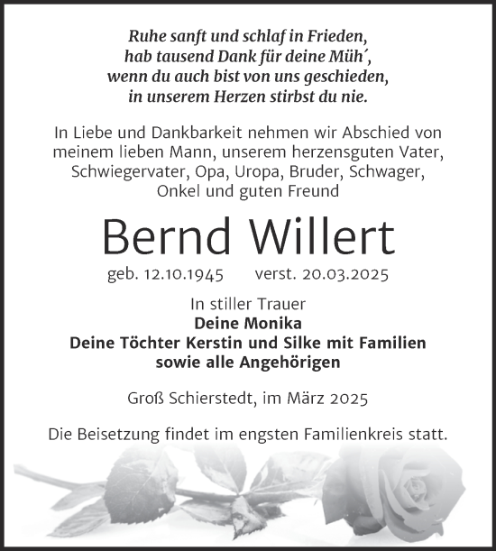 Traueranzeige von Bernd Willert von Trauerkombi Aschersleben