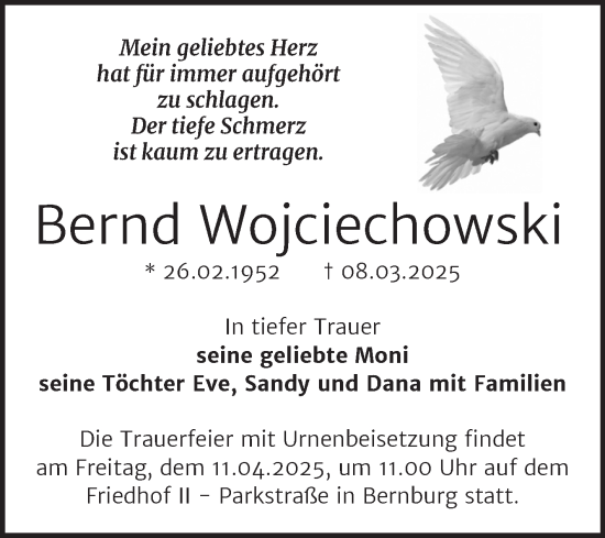 Traueranzeige von Bernd Wojciechowski von Trauerkombi Bernburg