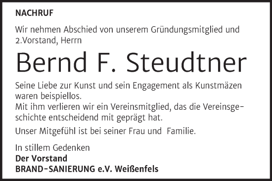 Traueranzeige von Bernd F. Steudtner von Mitteldeutsche Zeitung Weißenfels