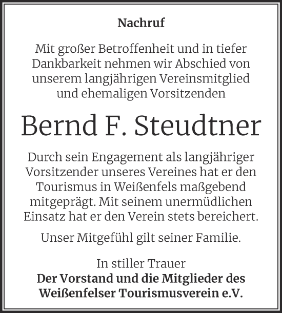 Traueranzeige von Bernd F. Steudtner von Trauerkombi Weißenfels