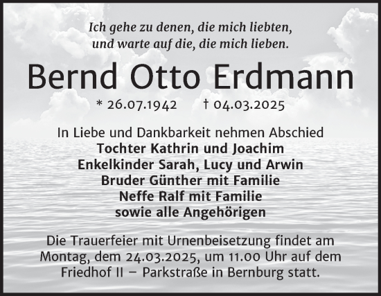 Traueranzeige von Bernd Otto Erdmann von Trauerkombi Bernburg