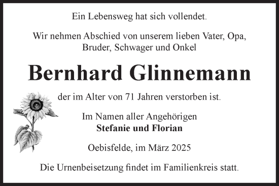 Traueranzeige von Bernhard Glinnemann von Volksstimme Altmark West