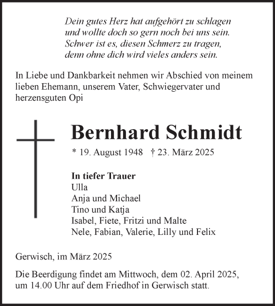 Traueranzeige von Bernhard Schmidt von Volksstimme Burg/Genthin