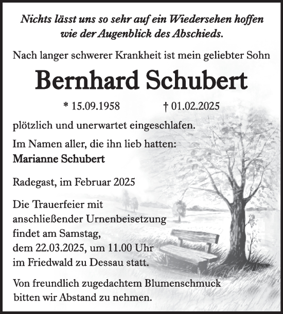 Traueranzeige von Bernhard Schubert von Trauerkombi Köthen