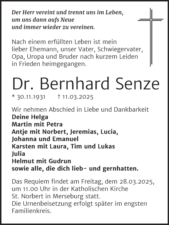 Traueranzeige von Bernhard Senze von Trauerkombi Merseburg